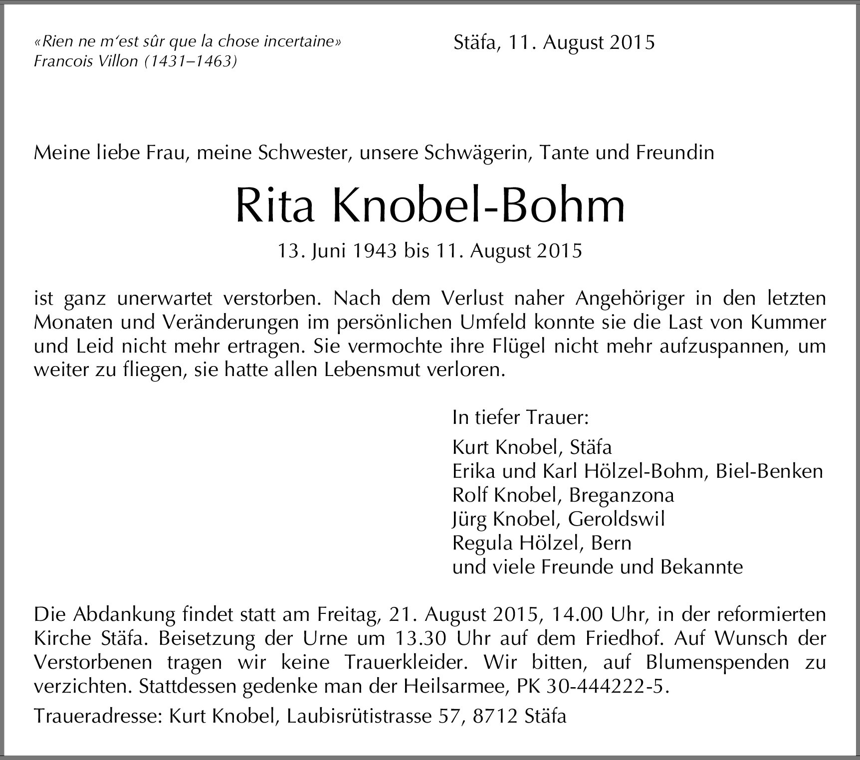 Rita KnobelBohm Hommages