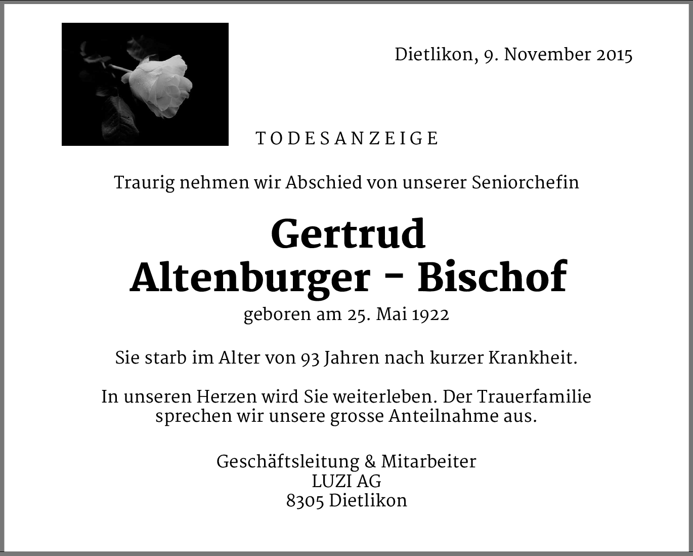 Gertrud AltenburgerBischof Hommages