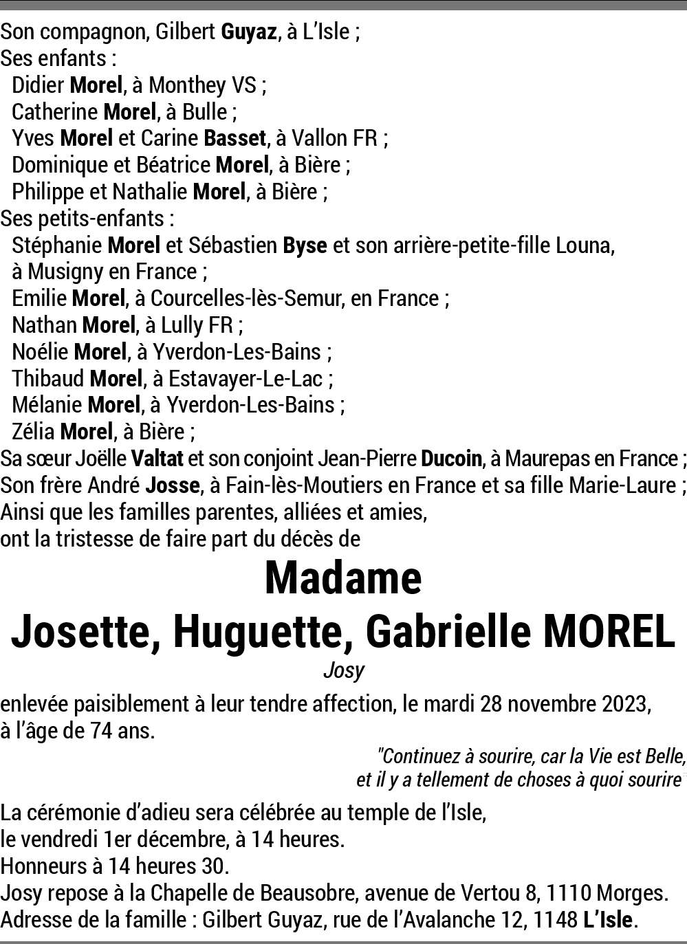 Josette Huguette Gabrielle Morel Hommages