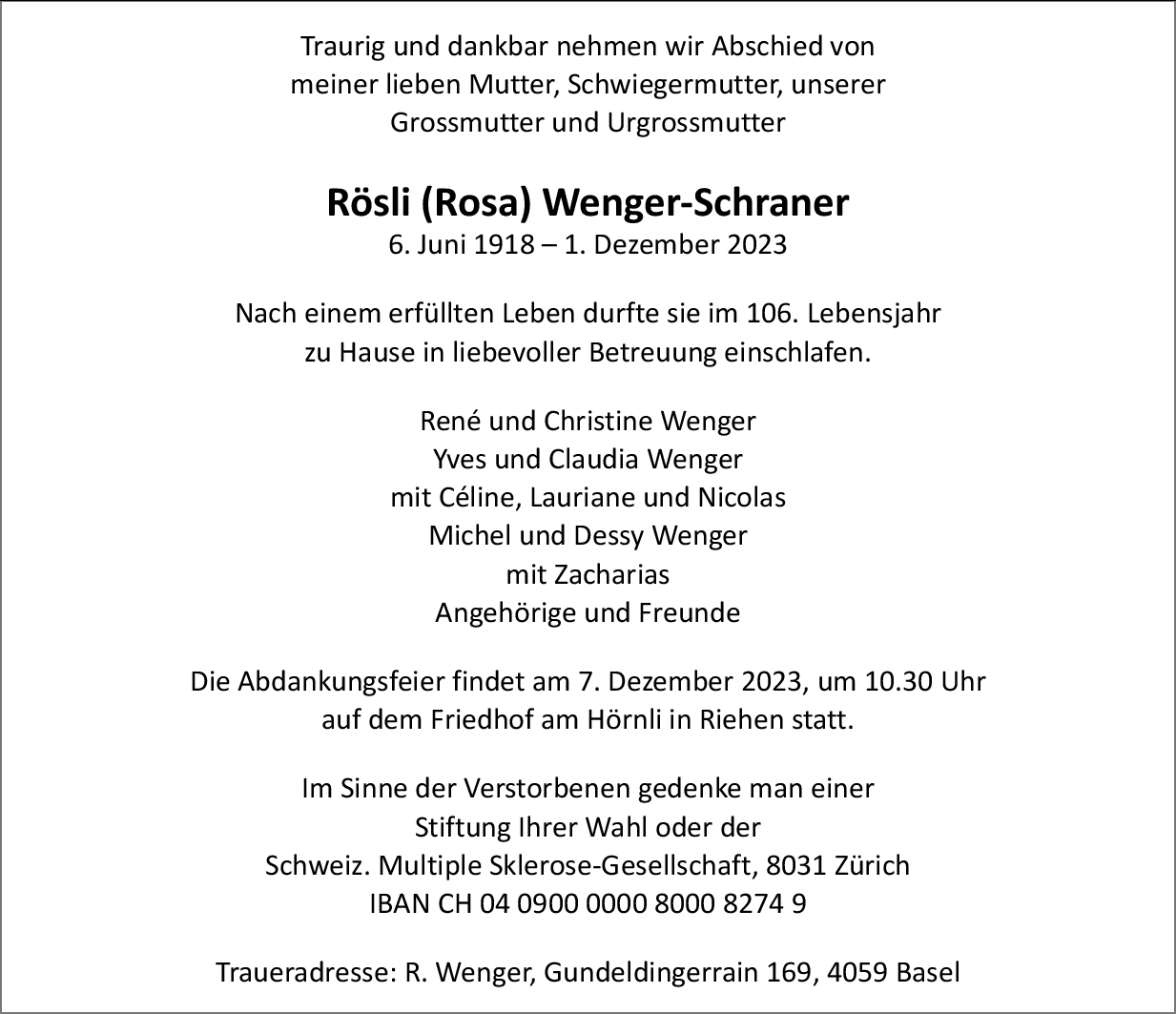 Rösli Rosa Wenger-Schraner | Hommages